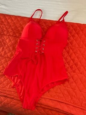 Red Lace-Up One-Piece Swimsuit